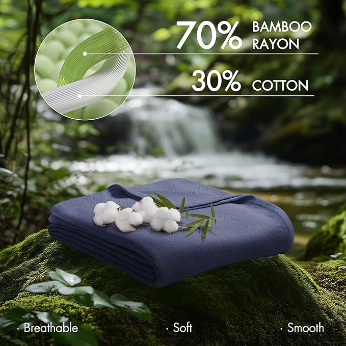 Madison Park Twin Size Blanket, 70% Rayon Bamboo-Based, 30% Cotton, Breathable for Hot Sleepers Menopause, Ultra Soft and Snag-Resistant, Summer Blanket for Bed or Couch, Twin 66"x90", Navy