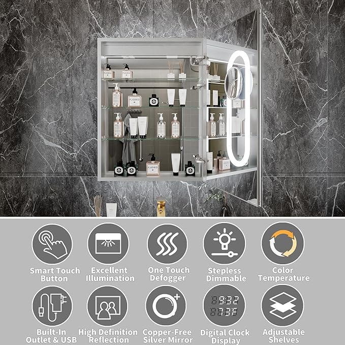 24"x32"Lighted Medicine Cabinet with Mirror, Recessed or Surface Mount LED Medicine Cabinet, Front&Backlit, Anti-Fog, Stepless Dimming, 3-Color Temperatures, Adjustable Shelves, Right Hinge
