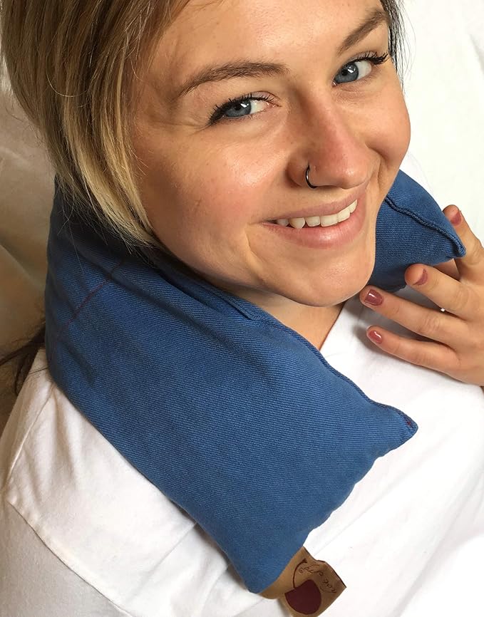 Neck Wrap Blue Denim Cherry Pit-Stone Pillow, Microwavable Hot/Cold Compress, Sustainable Moist Heat Pack, Shoulder Pain Relief, Washable, Spa Gift