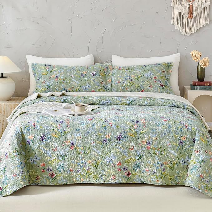 Lady Ann Green Floral 100% Cotton King Quilt Set - Green Flower Bird Butterfly Print Botanical Bedding,Vintage Lightweight Coverlet Ultra Soft Bedspread Set with Pillow Shams for All Season, 3 PCS