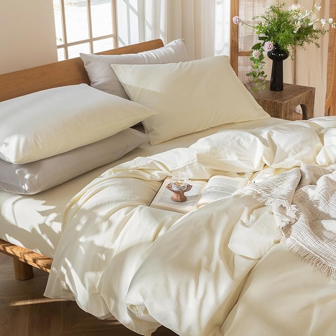 MooMee Bedding Duvet Cover Set 100% Washed Cotton Linen Like Textured Breathable Durable Soft Comfy (Solid Cream White, Super King 108"x98")