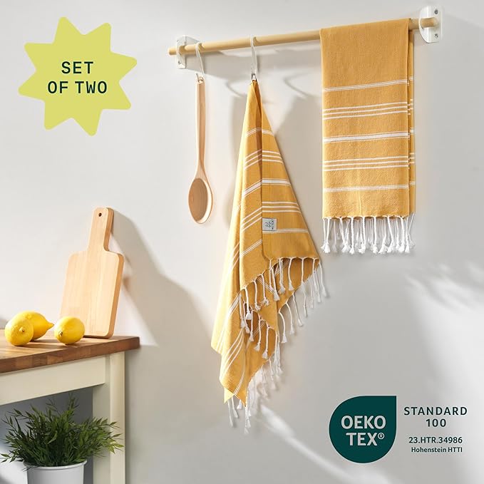 WETCAT Turkish Hand Towels with Hanging Loop, Set of 2 (20" x 30") 100% Turkish Cotton, Pre-Washed, Quick Drying, for Kitchen or Bathroom - Honey Gold