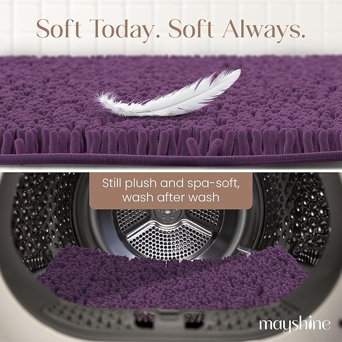 MAYSHINE Plush Shaggy Chenille Bath Mat | Extra Soft, Super Absorbent, Non-Slip Bathroom Rug | Fluffy Microfiber, Area Rug Sets for Bathroom Floor, Kitchen, Living Room | 59"x31" | Plum