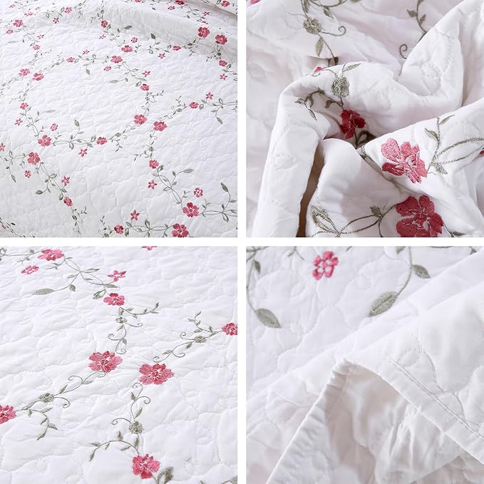 vctops 3-Piece Elegant Floral Embroidered Bedspread Coverlet Set 100% Cotton Reversible Patchwork 1 Quilt and 2 Pillow Shams Full/Queen, White