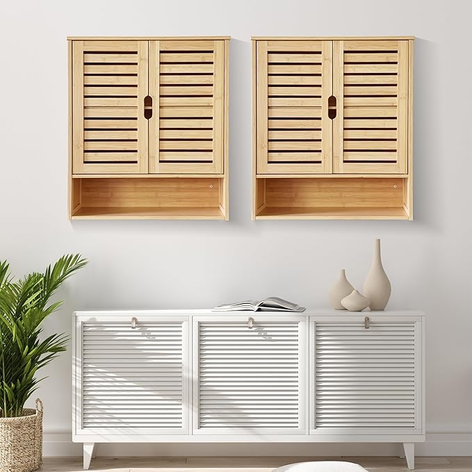 HYNAWIN Bathroom Wall-Mounted Medicine Cabinet - Over-The-Toilet Floating Bamboo Storage Organizer with Adjustable Shelf, Space-Saving for Kitchen, and Living Room