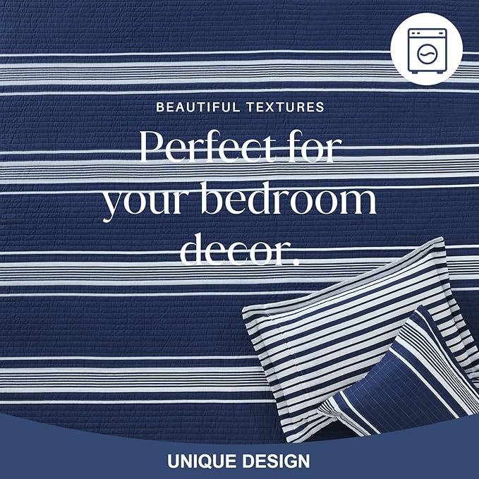 Y-PLWOMEN Queen Quilt Set - 100% Cotton Queen Quilt, Navy Blue Striped Quilt for Queen Bed, Lightweight Reversible Queen Size Bedspread for All Season, 3-Piece
