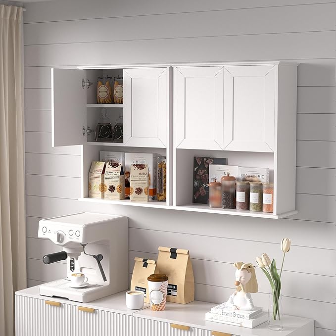 Bathroom Wall Cabinet Wooden with 2 Doors,Over the Toilet Storage Cabinet,Bathroom and Laundry Wall Mount Storage Medicine Cabinet with Open and Adjustable Shelf,Easy Assembly (Style A-2 PC, White)
