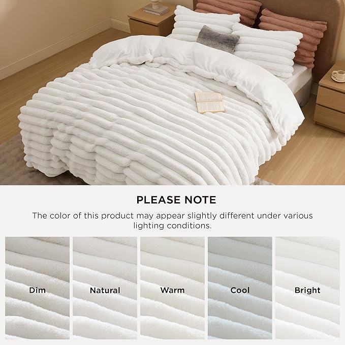Bedsure Faux Fur Duvet Cover Queen Size - White Fluffy Duvet Cover Set, Soft and Cozy Shaggy Bedding Comforter Cover, Winter Warm Luxury Fuzzy Bed Set 3 Pieces, 1 Queen Duvet Cover and 2 Pillowcases