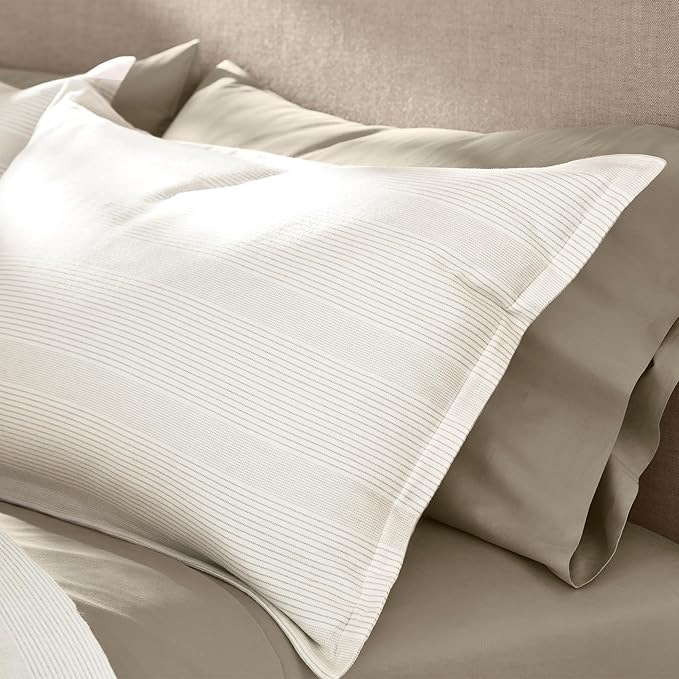 BOLL & BRANCH Flannel Fine Line Stripe Duvet Set - King/Cal King, Cream/Oak - Luxury 100% Organic Cotton - 1 Duvet Cover, 2 Shams - Velvety Soft, Warm & Breathable Weave