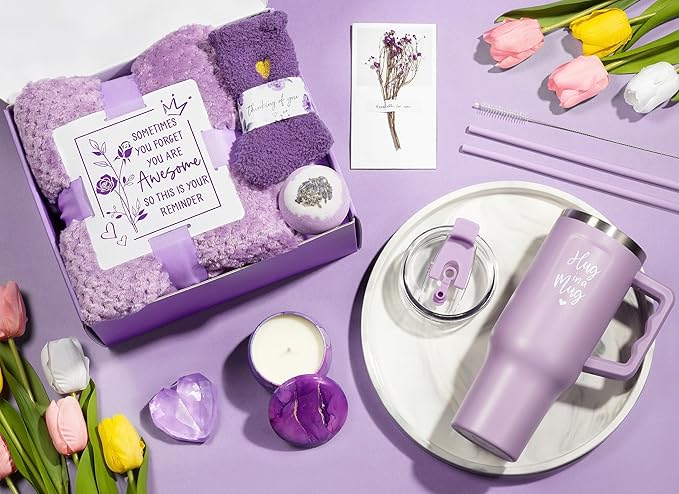 Birthday Gifts for Women Self Care Gifts Get Well Soon Gifts, Lavender Relaxing Spa Gifts Basket Care Package w/ Flannel Blanket 40 OZ Tumbler, Christmas Gifts for Mom Wife Grandma Friends Sisters Her