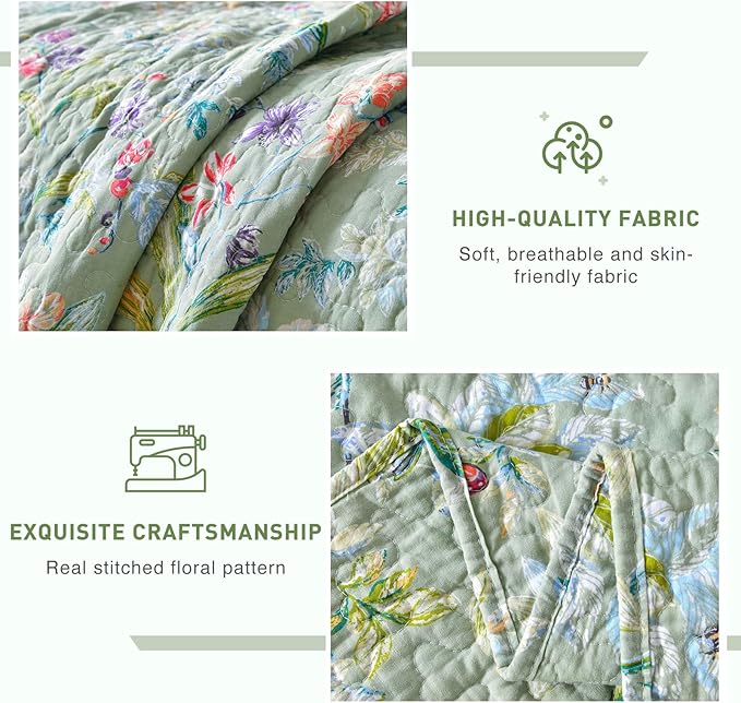 Lady Ann 100% Cotton Floral Cal King Quilt Set - Green Flower Bird Butterfly Pattern Print Quilted 118x106 Bedspread & Coverlet Set, 3 PCS Lightweight Extra Soft Queen Bedding Sets All Season