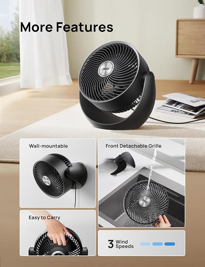Dreo Fan for Bedroom, Table Air Circulator for Whole Room, 11 Inch, 40ft Strong Airflow, 120ยฐ adjustable tilt, 28db Low Noise, Quiet, 3 Speeds, 2025 New Desk Fan for Office, Kitchen, Home