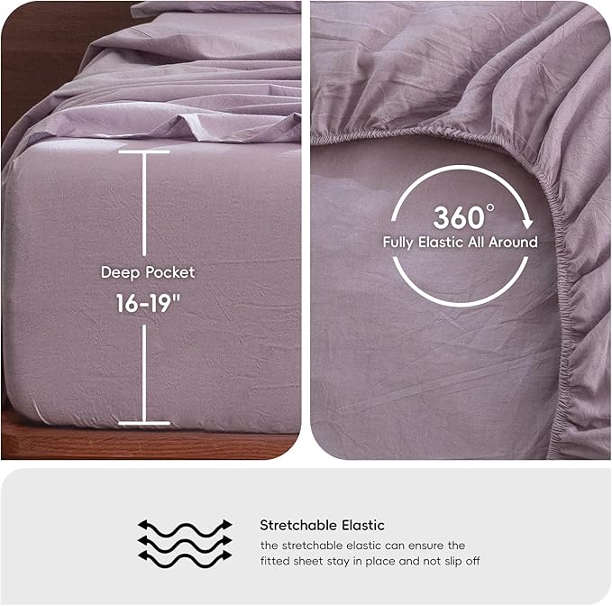 MooMee Bedding Sheet Set 100% Washed Cotton Linen Like Textured Breathable Durable Soft Comfy (Heathered Light Purple, Twin)