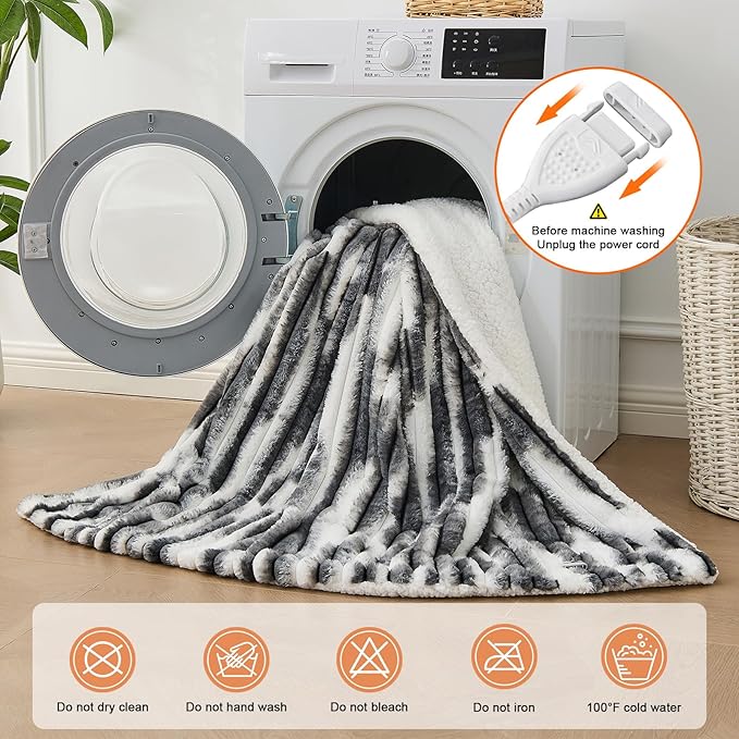 Heated Blanket Throw - 50"x60" Fast Heating Bed Electric Blankets Throw with 6 Heating Levels & 4 Hours Auto Off, Soft Ribbed Faux Fur Sherpa, Over-Heated Protection ETL, Dark Gray