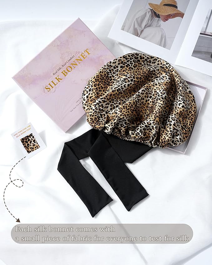 100% Mulberry Silk Bonnet for Sleeping Women Double Layer Silk Hair Bonnet Natural Sleep Cap with Elastic(Black + Leopard)