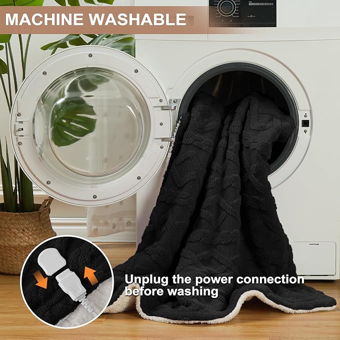 CAROMIO Electric Blanket Twin Size - Thick Tufted Sherpa Heated Blanket Twin with 10 Heating Levels and 10 Time Settings, ETL Certified Machine Washable Fast Heating Blanket Twin 62"×84", Black