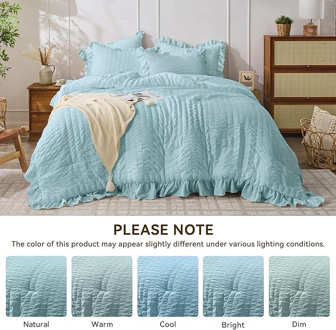 JOLLYVOGUE Blue Comforter Full Size, 3 Pieces Seersucker Lightweight Full Size Bedding, All Season Fluffy Microfiber Bedding Comforter Set with 1 Ruffle Comforter and 2 Ruffle Pillowshams