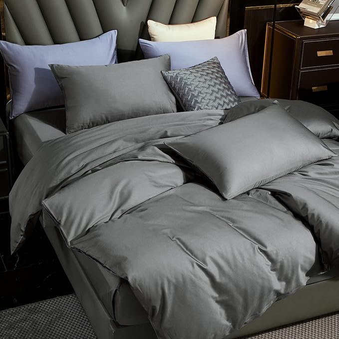 MooMee Duvet Cover Set 100% Extra Long Staple Cotton 600 Thread Count Silky Sateen Smooth Luxury Soft Breathable Durable Hotel Quality Bedding, 3 Piecess (Dark Gray, Oversized King 120"x98")