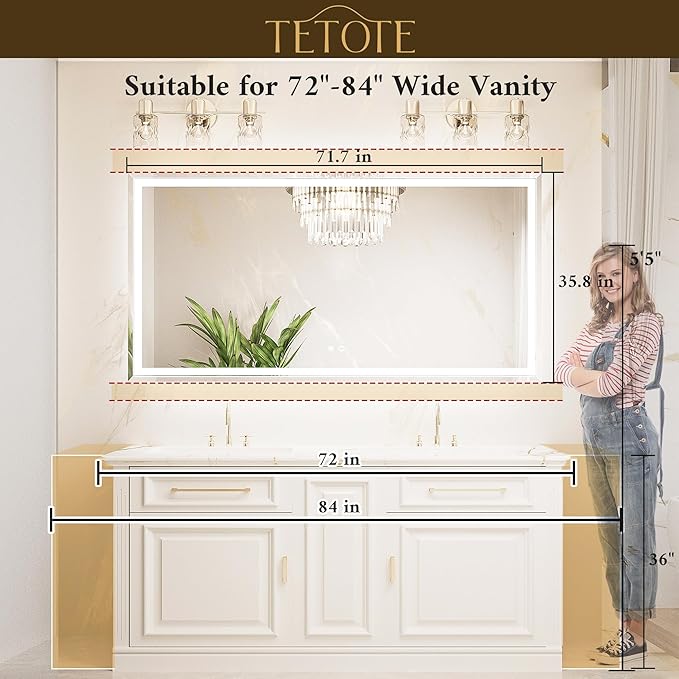 TETOTE 72 x 36 Inch Led Lighted Mirror for Bathroom Wall, Extra-Bright Beveled Bathroom Vanity Frontlit & Backlit Frameless Mirror with 3-Color Lights, Defogging, Tempered Glass, Waterproof