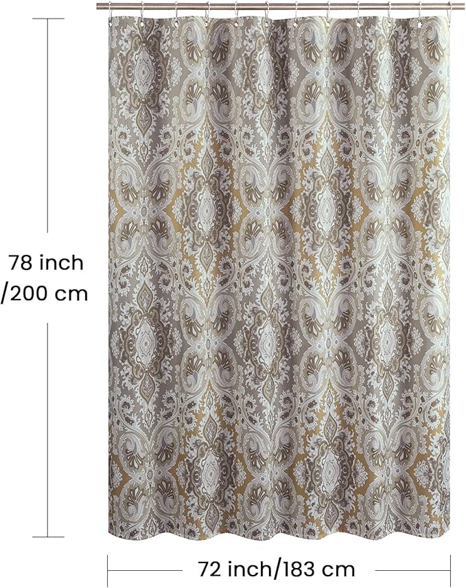 Long Fabric Shower Curtain, Beige and Grey Printed Boho Paisley Damask Pattern Shower Curtains for Bathroom, Waterproof Bathroom Curtains, 72" W x 78" H