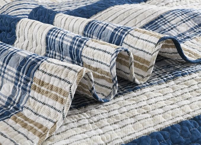 Homzard Queen Comforter Set - Blue White Tan Striped Queen Size Comforter Set,100% Cotton Plaid Quilts Queen Size Bedding Set, Farmhouse Bedspread Lightweight Bedding 3 Pieces All Season
