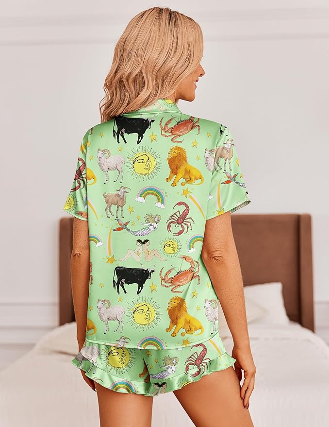 Ekouaer Womens Satin Pajamas Set Button Down 2 Piece Silk Pjs Shorts Set Ruffle Lingerie Notch Collar Sleepwear