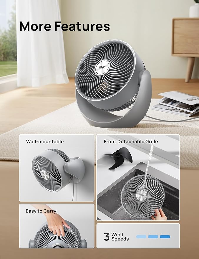 Dreo Fan for Bedroom, Table Air Circulator for Whole Room, 11 Inch, 40ft Strong Airflow, 120ยฐ Adjustable Tilt, 28db Low Noise, Quiet, 3 Speeds, 2025 New Desk Fan for Office, Kitchen, Home