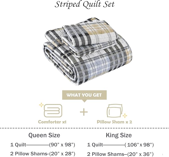 Quilts Queen Size, Cotton Queen Size Comforter Set, Brown Black Grey White Striped Bedding Sets, Plaid Queen Bedspread,Striped Bed Set Lightweight Reversible All Season 3 Piece
