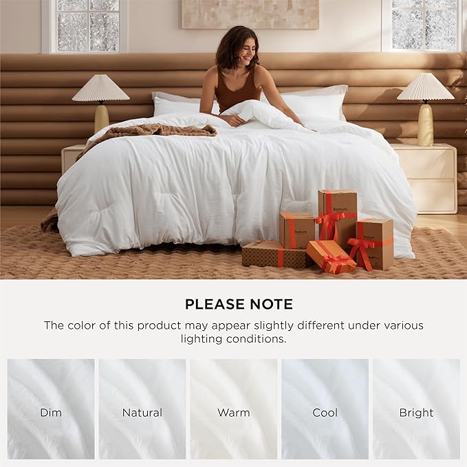 Bedsure California King Size Comforter Set, White Soft Prewashed Bedding for All Seasons, 3 Pieces GentleSoft™ Down Alternative Bed Set, 1 Lightweight Comforter (104"x96") and 2 Pillowcases (20"x36")