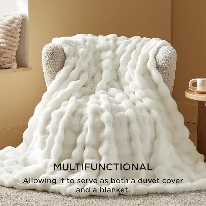 Bedsure Luxurious Faux Fur Duvet Cover Queen Size Set - Ultra Soft & Fluffy & Cozy & Warm - Elegant Shaggy Bubble Design Bedding with Duvet Cover and Pillow Shams, Coconut White