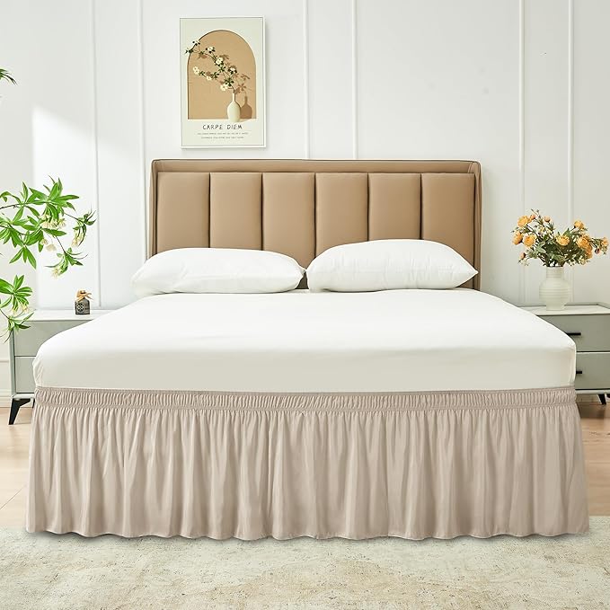 Biscaynebay Wrap Around Bed Skirts for Twin & Twin XL Beds 15" Drop, Light Camel Elastic Dust Ruffles with Adjustable Belts Silky Luxrious Fabric Machine Washable