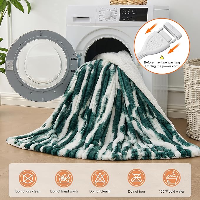 Heated Blanket Queen - 84"x90" Dual Control Bed Electric Blankets with 6 Heating Levels & 10 Hours Auto Off, Soft Ribbed Faux Fur Sherpa, Over-Heated Protection ETL, Dark Green