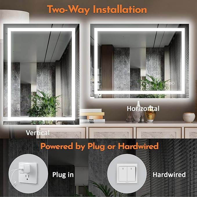 LED Bathroom Mirror with Backlit & Front Light, 40"x32" Anti-Fog, Memory Function, Dimmable Color & Brightness,CRI90+, IP54 Waterproof, Horizontal/Vertical, Wall Mounted