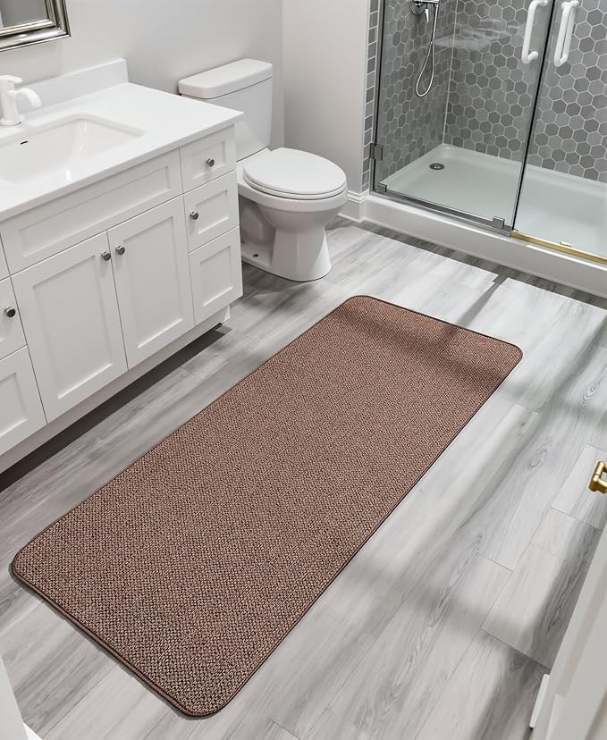 Bath Mat,Ultra Thin Bathroom Runner Rugs,Large Bath Mats for Bathroom,Quick Dry,Non-Slip,Machine Washable,Low Pile,Bath Rug,Shower Outside,Sink,Home Decor Accessories.Brown,1'5"x4'11"(17x59inch)