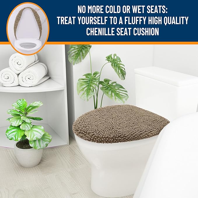OLANLY Soft Chenille Bathroom Toilet Lid Cover, Machine Washable Seat Covers, 17.5x15, Stays in Place Rubber Backing, Fits Most Round, Elongated and Oblong Lids, Accessories Decor, Tan