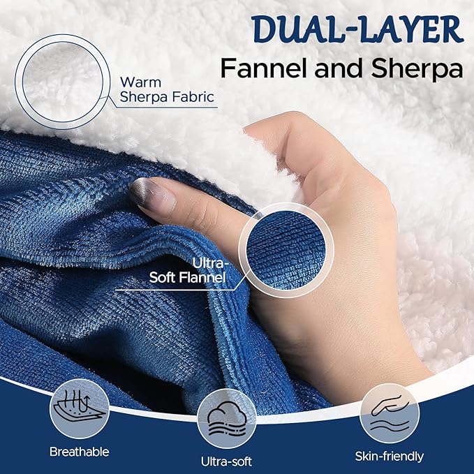 Electric Heated Blanket Throw 50"x60" - Soft Cozy Flannel & Sherpa Fabric Dual-Sided, 9 Heat Settings & 2-10 Hours Auto Off, Warming Heated Throw for Home Office, Machine Washable, Blue