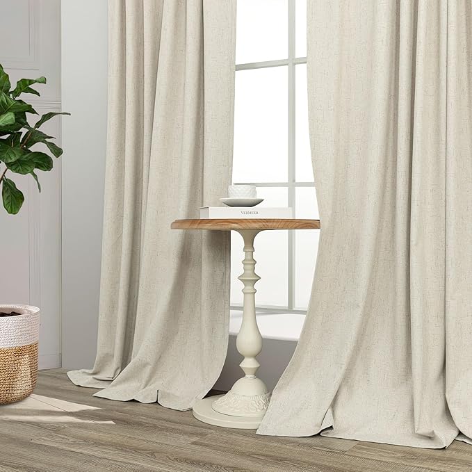 Black Out Burlap Curtains 63 Inch Long Faux Linen Farmhouse Bedroom Blackout Curtain 63 Inches Length 2 Panels Set Energy Saving Noise Reducing Nursery Drape for Bay Window Back Tab Pocket Cream Beige