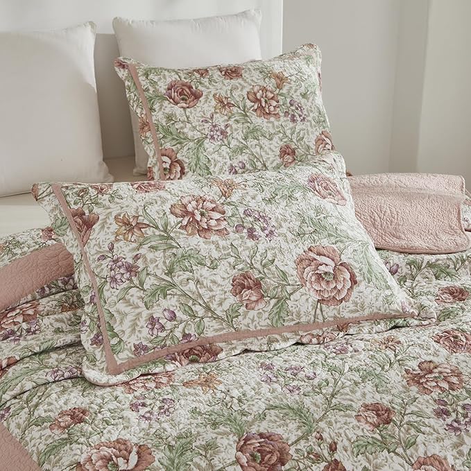 Brandeam Queen Size Quilt Set Cotton Pink Floral Quilts Country Rustic Patchwork Quilts Lightweight Summer Bedspread 3-Piece