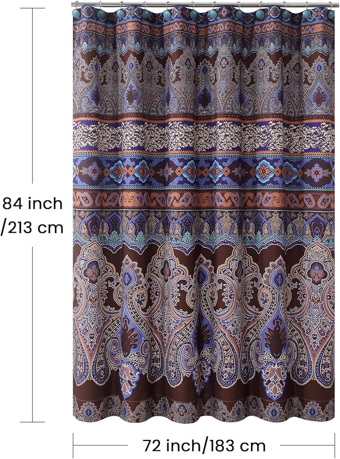 Extra Long Boho Shower Curtain, Brown and Blue Bohemian Paisley Pattern Fabric Shower Curtains for Bathroom, Decorative Waterproof Bathroom Curtains, 72" W x 84" H