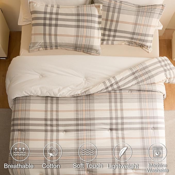 100% Cotton Comforter Set Twin Size – Reversible Yarn-Dyed Checkered Design, Soft Washed Cotton on Both Sides, Lightweight All-Season Bedding, Machine Washable(Grey White Plaid, 68”x90”)