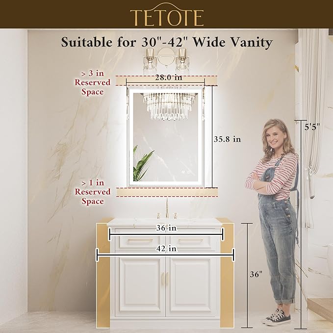 TETOTE Led Lighted Bathroom Mirror with Beveled Edge, 28 x 36 Inch Frontlit & Backlit Bathroom Vanity Anti-Fog Mirror with Extra-Bright Lights, 3-Color Dimmable, Tempered Glass, Waterproof
