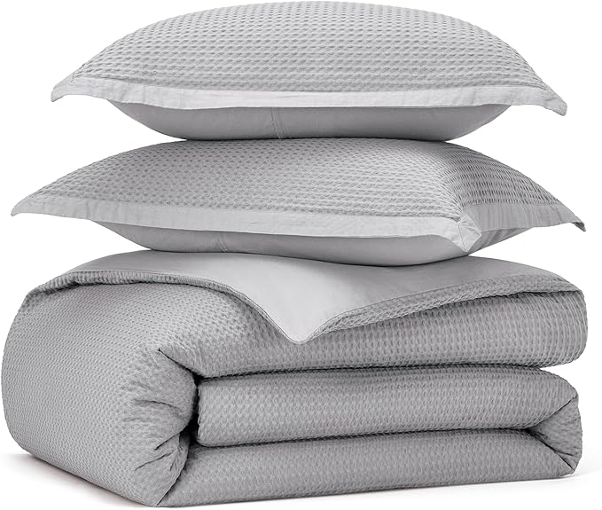 Bedsure Cotton Duvet Cover King - 100% Cotton Waffle Weave Grey Duvet Cover King Size, GentleSoft™ and Breathable Bedding Set for All Season, 3 Pieces, 104"x90"