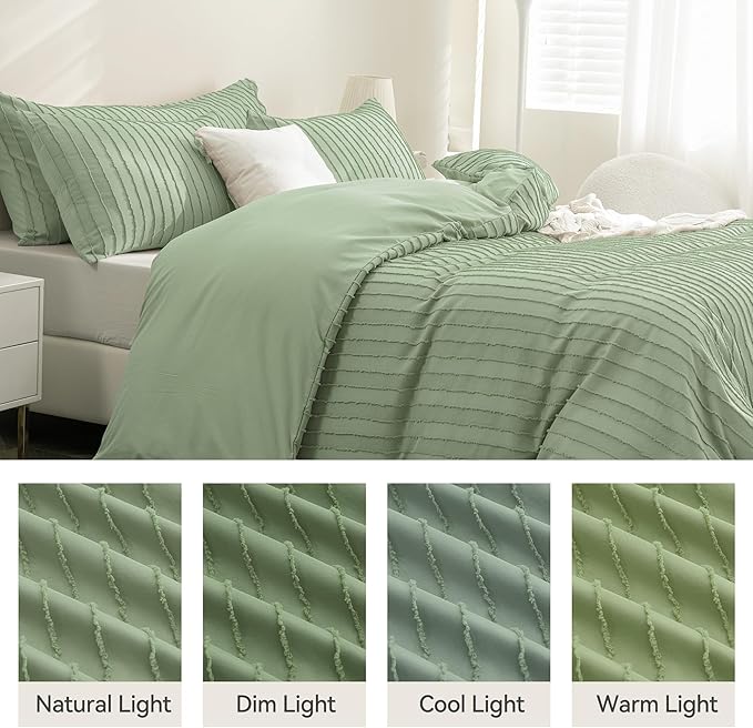 JELLYMONI Duvet Cover King Size Light Green - 3PCS Boho Striped Duvet Cover Set Polyester Tufted Bohemian Textured Comforter Cover 104×90in with Corner Ties & Zipper and 2 Pillowcases