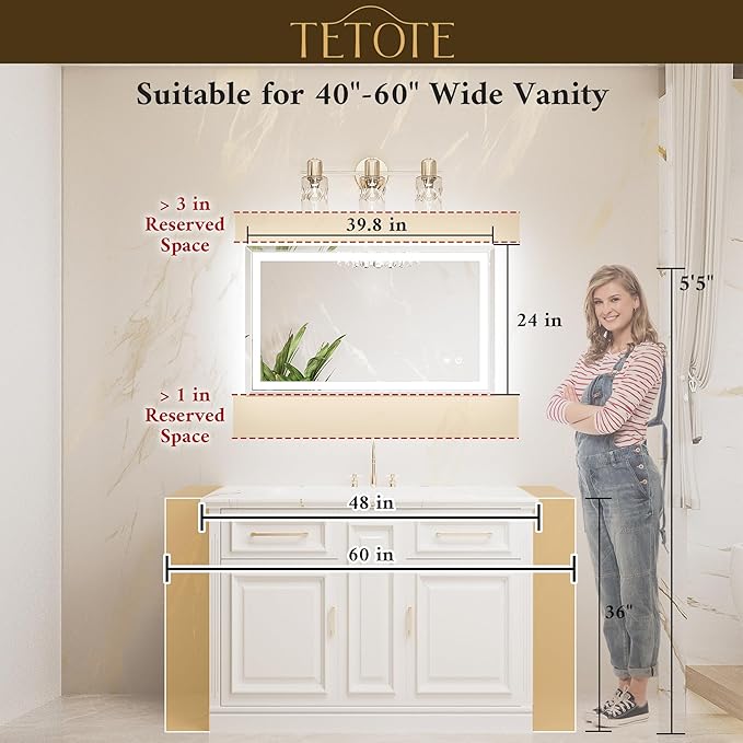 TETOTE Led Bathroom Mirror 40 x 24 Inch, Beveled Lighted Bathroom Vanity Frameless Mirror with Extra-Bright Lights, Frontlit & Backlit, Defogging, 3-Color Dimmable, Tempered Glass, Waterproof