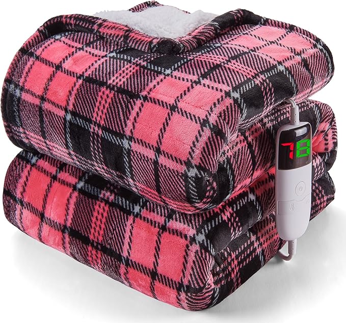 OCTROT Heated Blanket Electric, Twin Size 62X84, Heating Blanket with 10 Heating Levels & 8 Hours Auto Off, Pink Plaid Checkered Plaid Sherpa Blankets Warmer for Adults, Fast Heating Washable