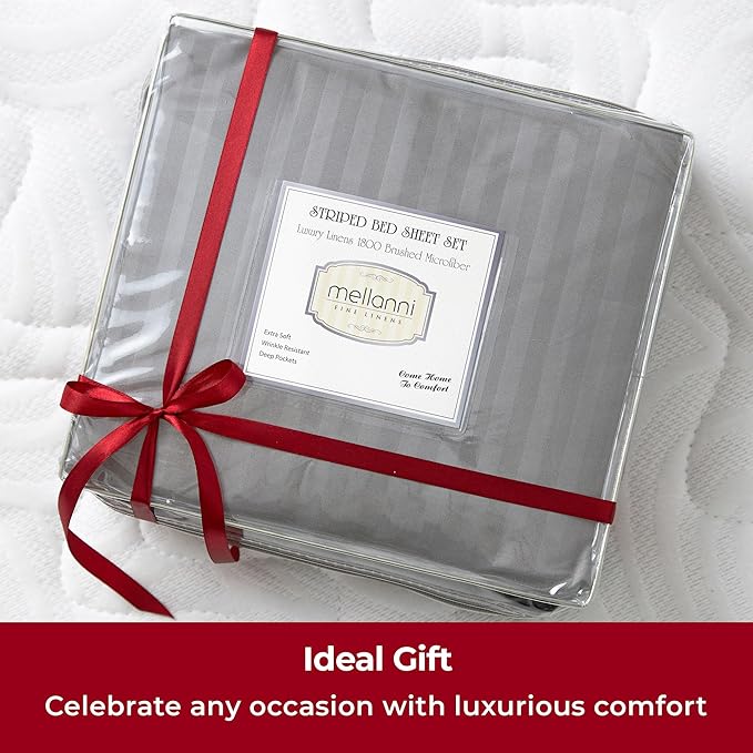 Mellanni Full Sheets Set - 4 PC Iconic Collection Bedding - Hotel Luxury, Extra Soft, Cooling Bed Sheets - Wrinkle, Fade, Stain Resistant (Full, Striped Gray/Silver)