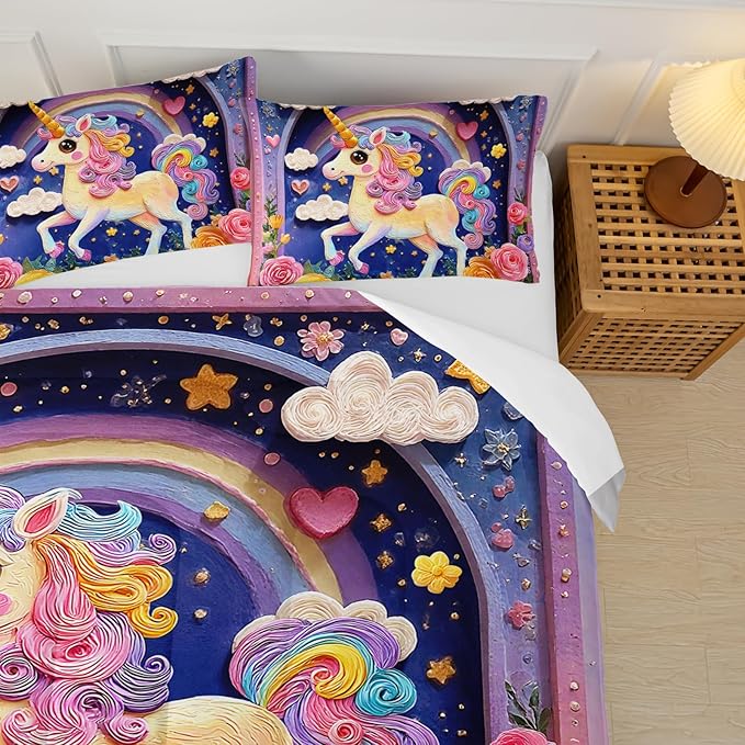 Pink Purple Rainbow Unicorn Flower Comforter Set Queen for Kids Girls,Girls Unicorn and Rainbows Bedding Sets Queen,with 1 Comforter with 2 Pillow Case,Unicorn Bedroom Decor and Bedding Set