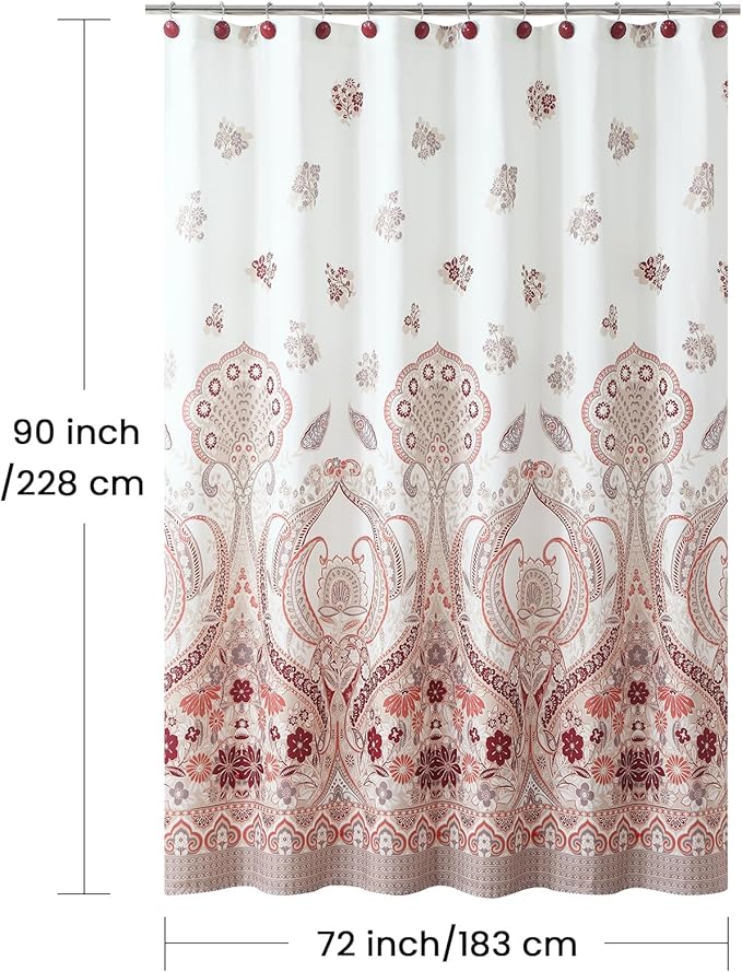 72x90 Inch Extra Long Shower Curtain - Water-Repellent Off-White Premium Fabric with Burgundy Terracotta Taupe Paisley Floral Pattern