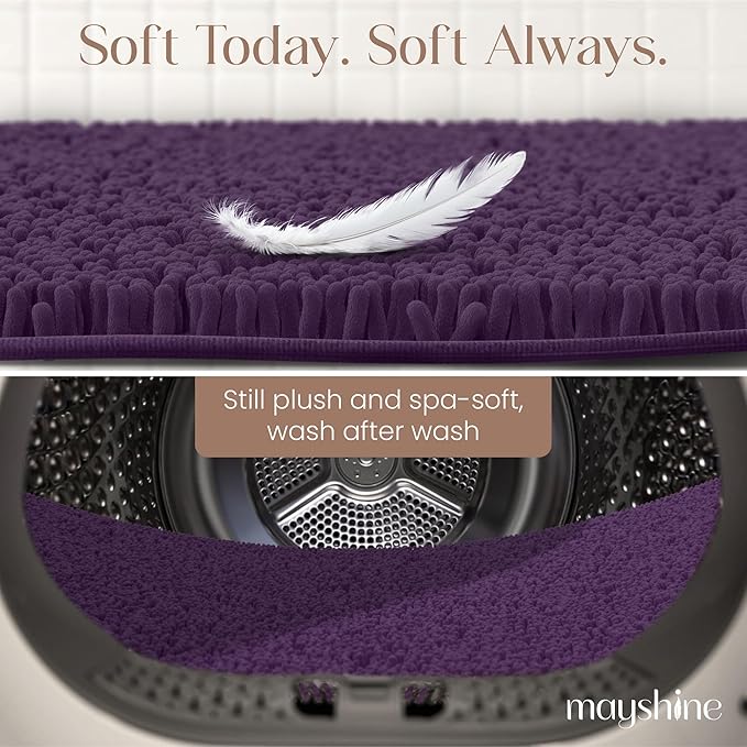 MAYSHINE Plush Shaggy Chenille Bath Mat | Extra Soft, Super Absorbent, Non-Slip Bathroom Rug | Fluffy Microfiber, Area Rug Sets for Bathroom Floor, Kitchen, Living Room | 47"x27" | Plum