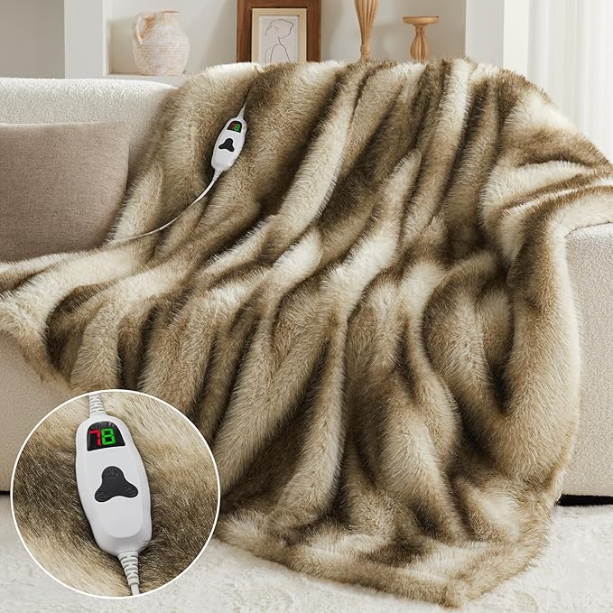 Heated Electric Blanket Twin, Octrot 60"X80" Faux Fur Heating Blanket Luxury Christmas Gifts Heavy Plush with 10 Heats Levels & 8 Hours Auto Off,Super Cozy Warm Fuzzy,Fluffy Decor Winter Warming,Brown